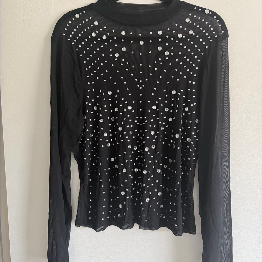 Black Rhinestone Embellished Long Sleeve Top